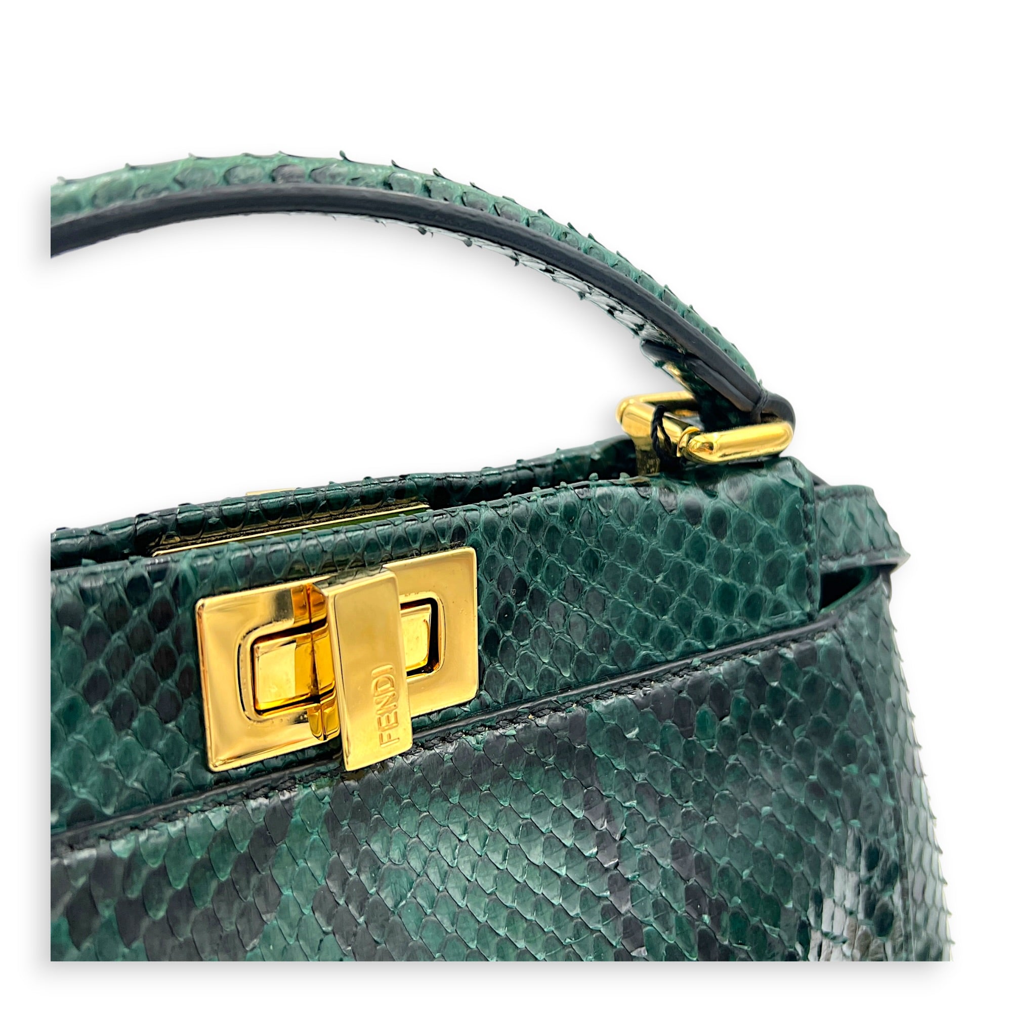 Peekaboo Top Handle Bag Green in Python Leather, Gold hardware