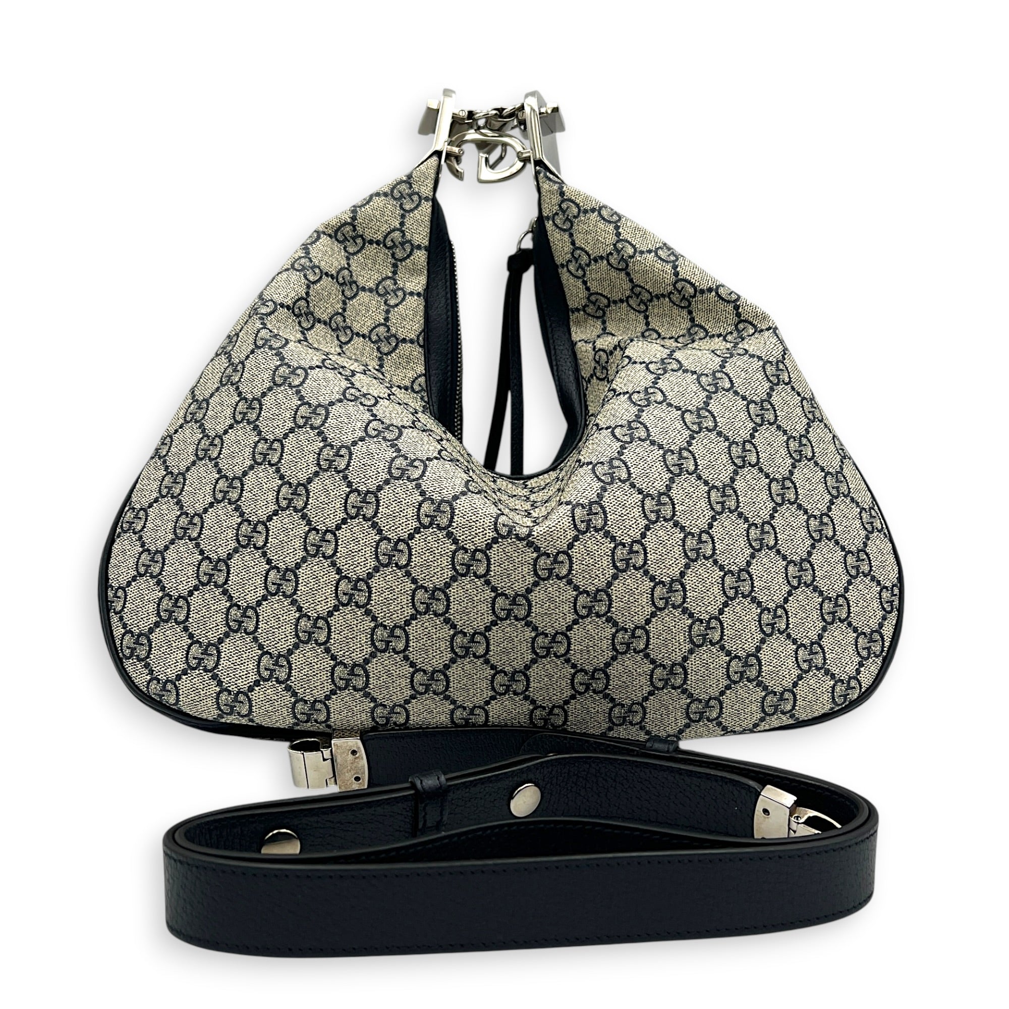 Attache Shoulder Bag Medium Grey in Coated Canvas, Silver hardware