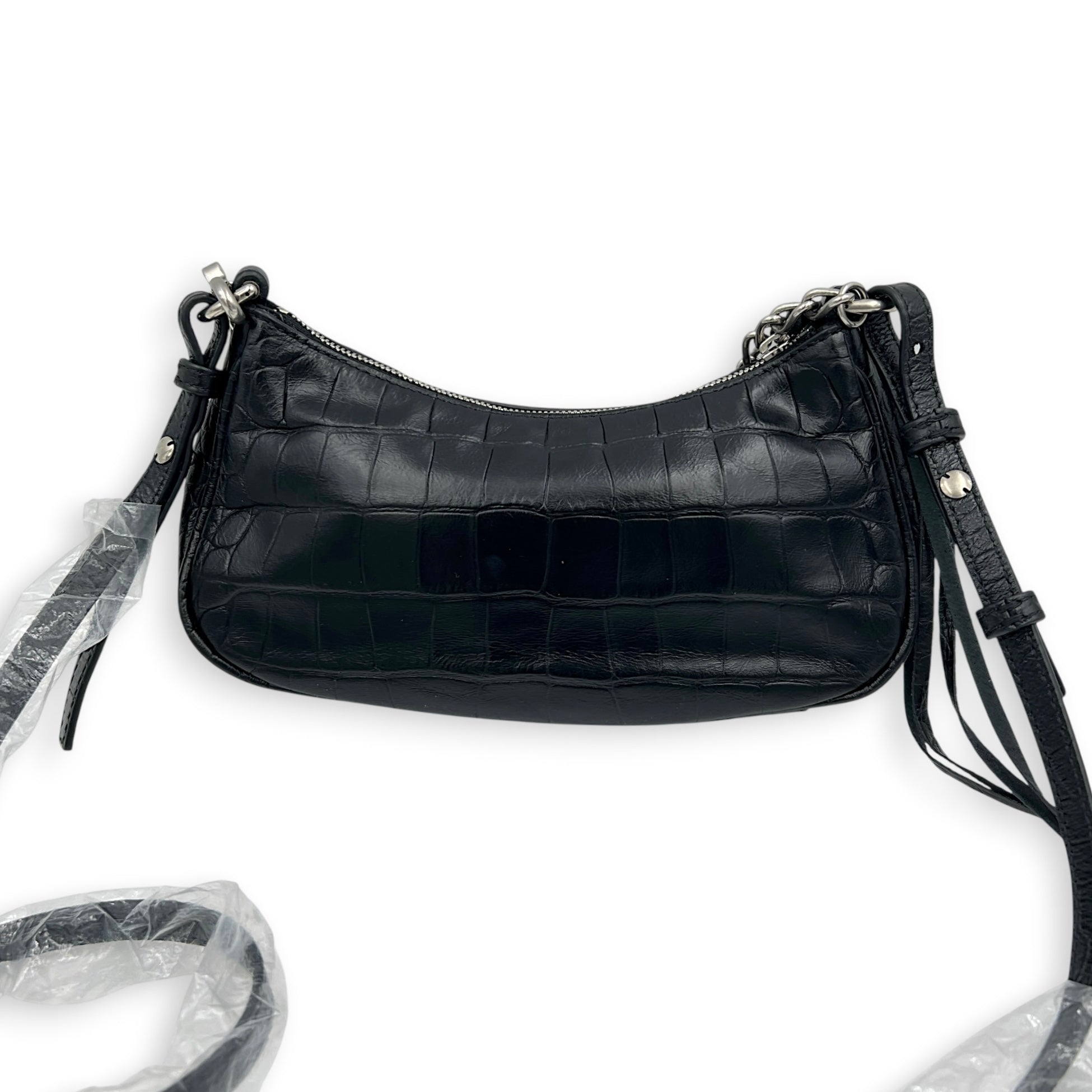 Le Cagole Shoulder Bag Mini Black in Crocodile Embossed Calfskin, Silver hardware