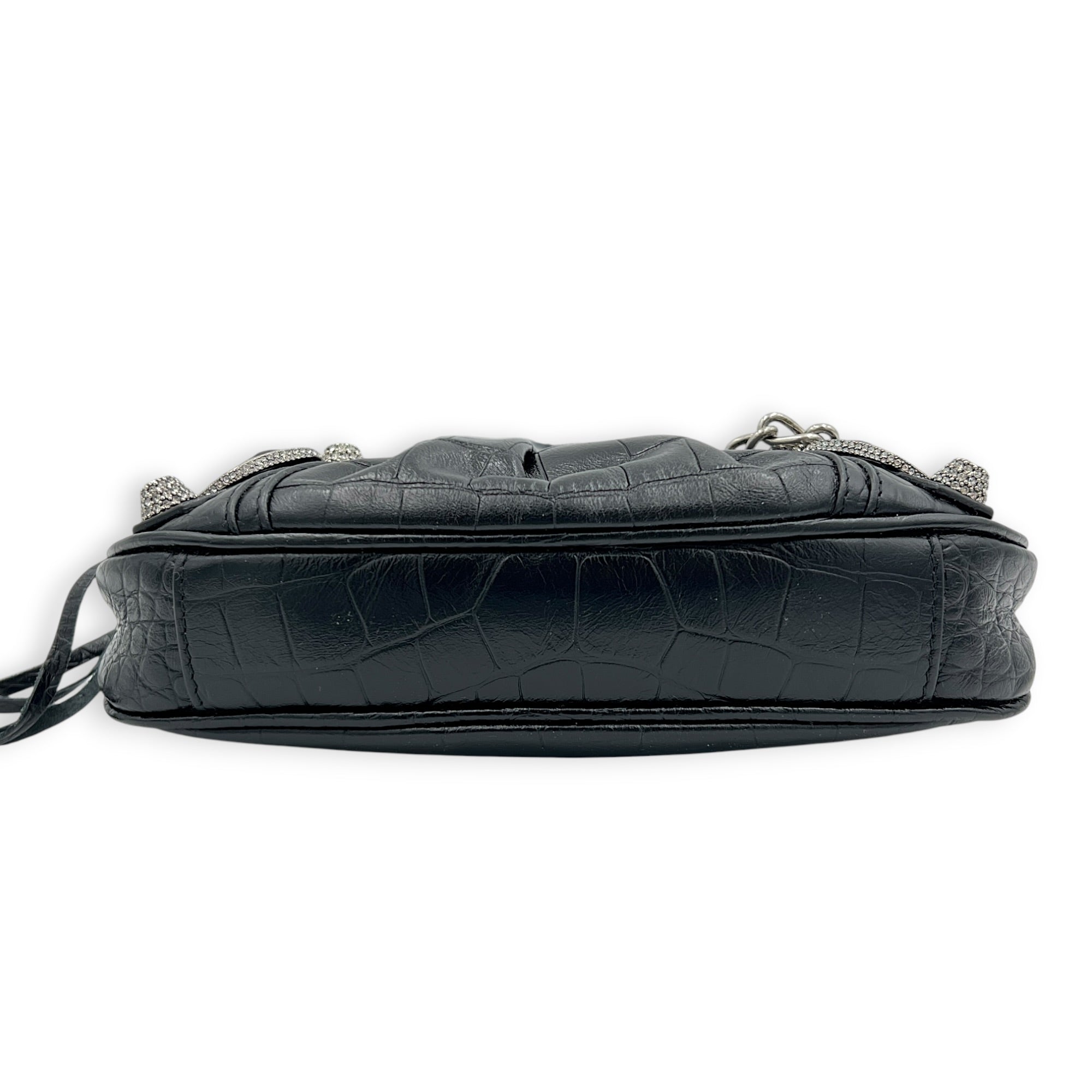 Le Cagole Shoulder Bag Mini Black in Crocodile Embossed Calfskin, Silver hardware