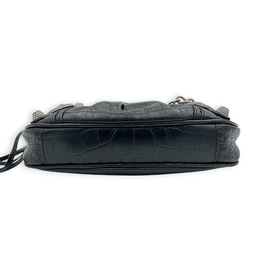 Le Cagole Shoulder Bag Mini Black in Crocodile Embossed Calfskin, Silver hardware