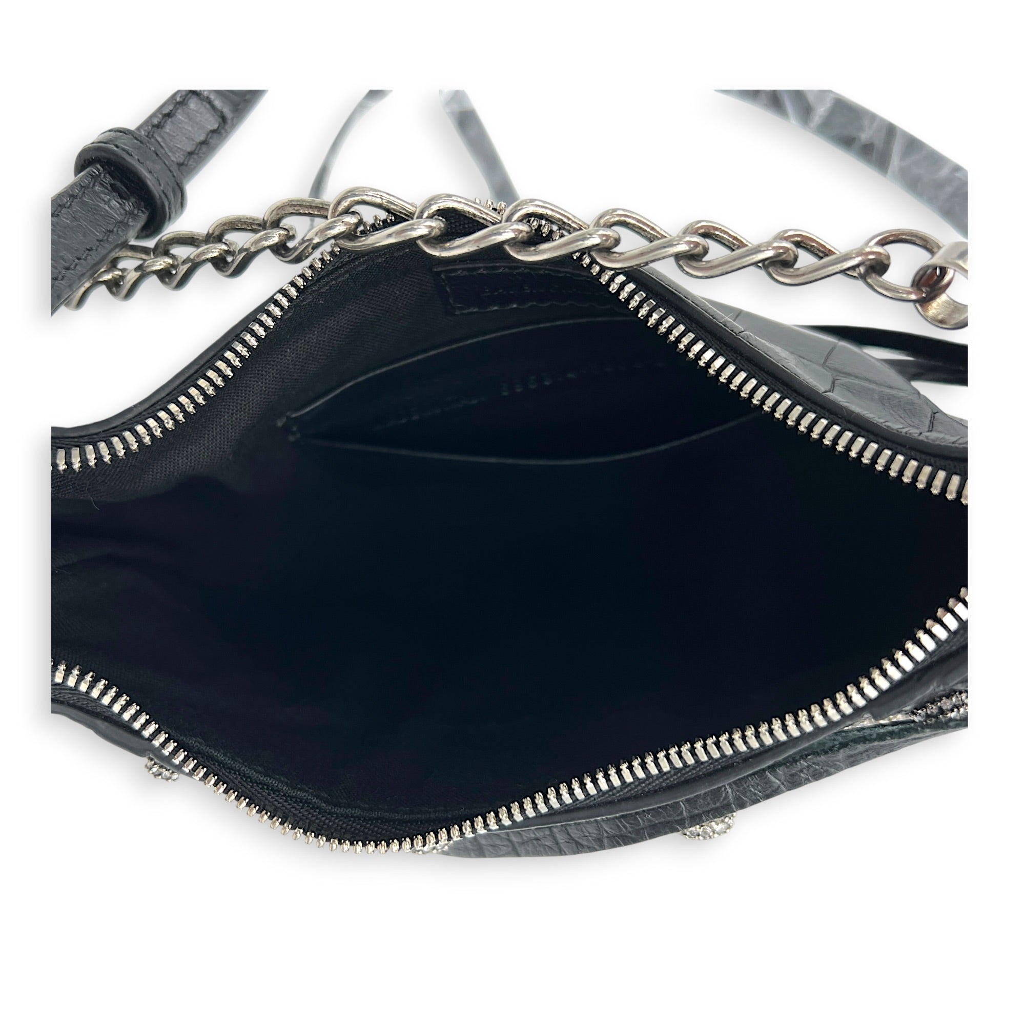 Le Cagole Shoulder Bag Mini Black in Crocodile Embossed Calfskin, Silver hardware