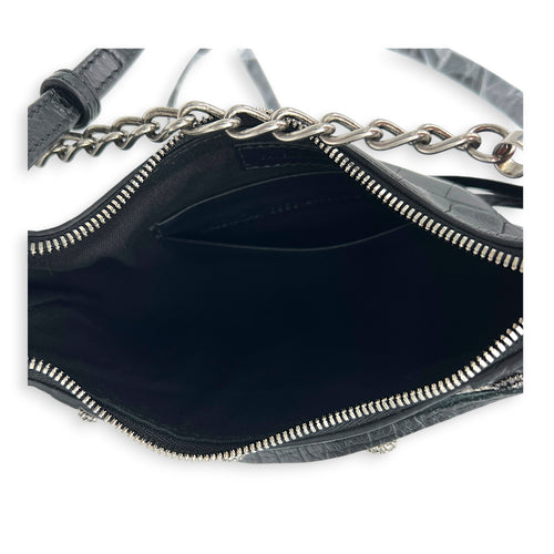 Le Cagole Shoulder Bag Mini Black in Crocodile Embossed Calfskin, Silver hardware