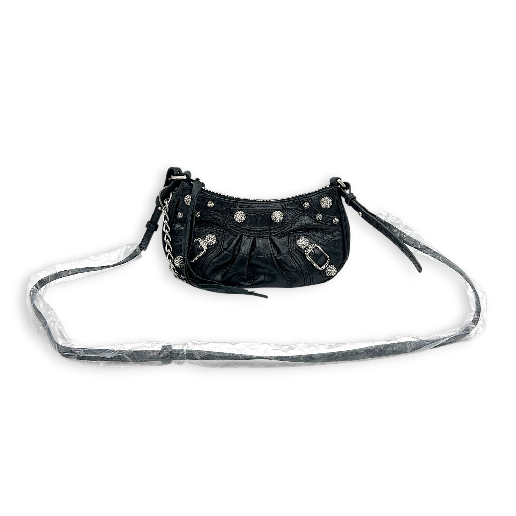 Le Cagole Shoulder Bag Mini Black in Crocodile Embossed Calfskin, Silver hardware