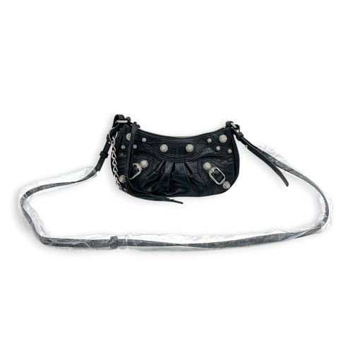 Le Cagole Shoulder Bag Mini Black in Crocodile Embossed Calfskin, Silver hardware