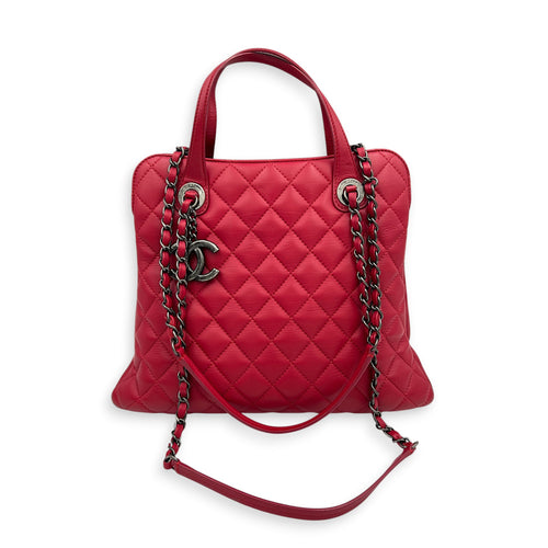 Quilted CC Top Handle Shoulder Bag Red in Lambskin, Ruthenium hardware