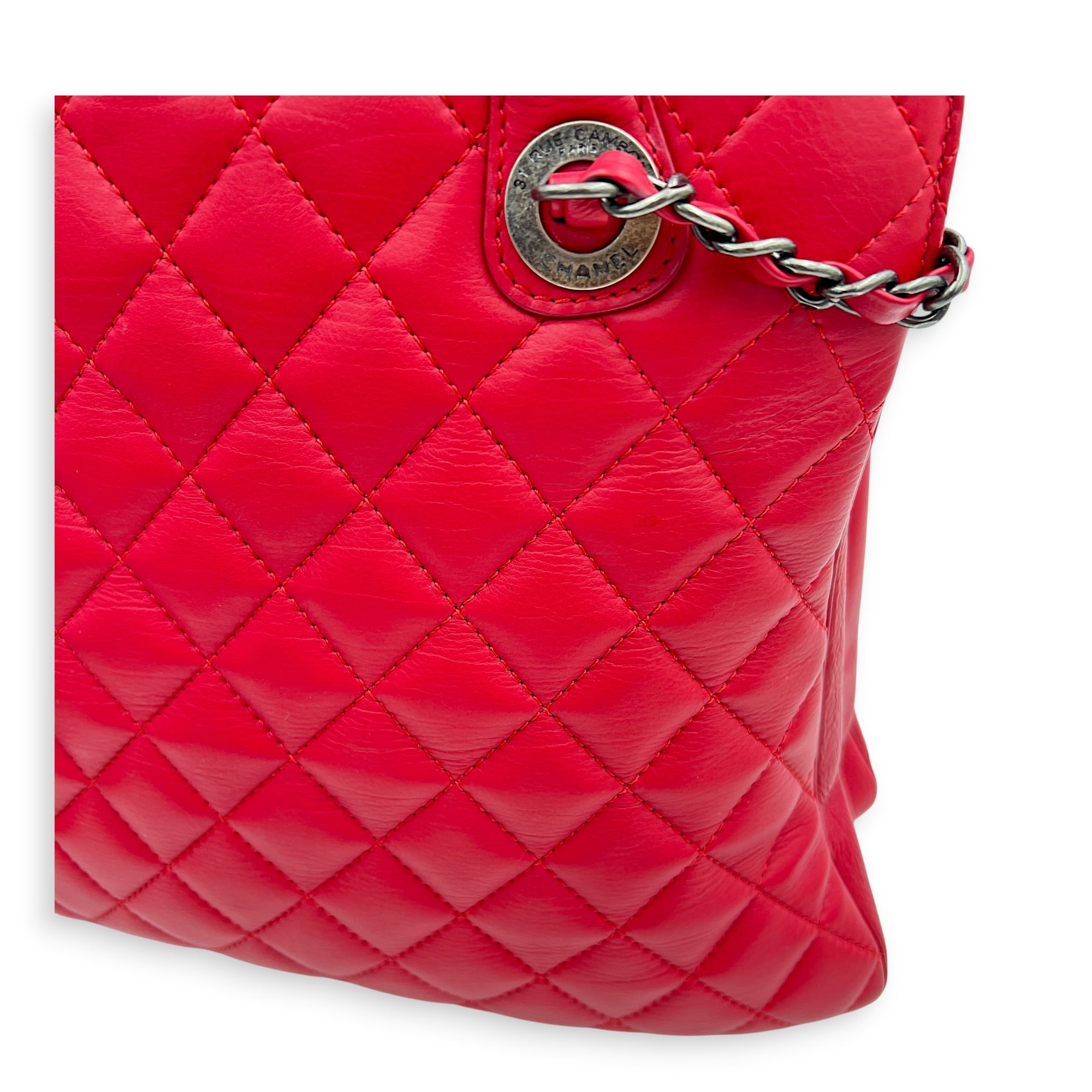 Quilted CC Top Handle Shoulder Bag Red in Lambskin, Ruthenium hardware