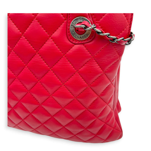 Quilted CC Top Handle Shoulder Bag Red in Lambskin, Ruthenium hardware