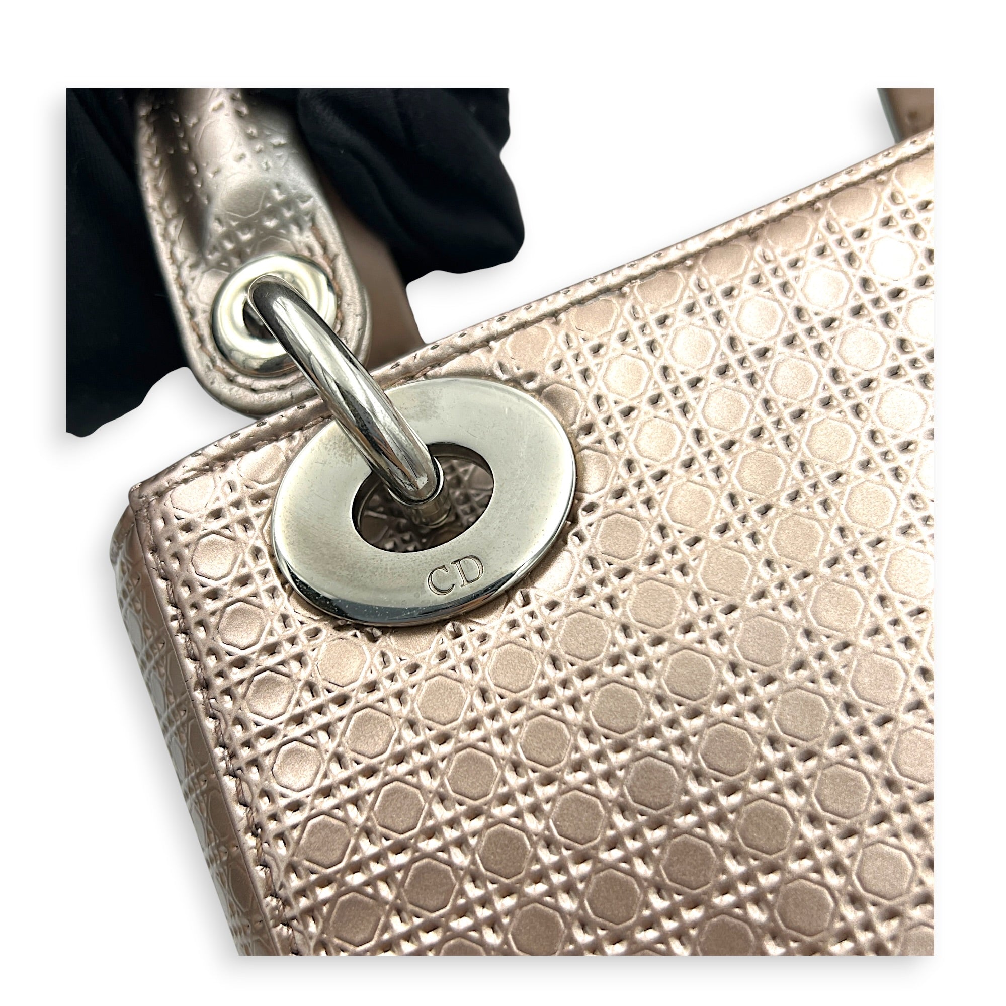 Lady Dior Champagne Top Handle Bag in Patent Leather, Silver hardware