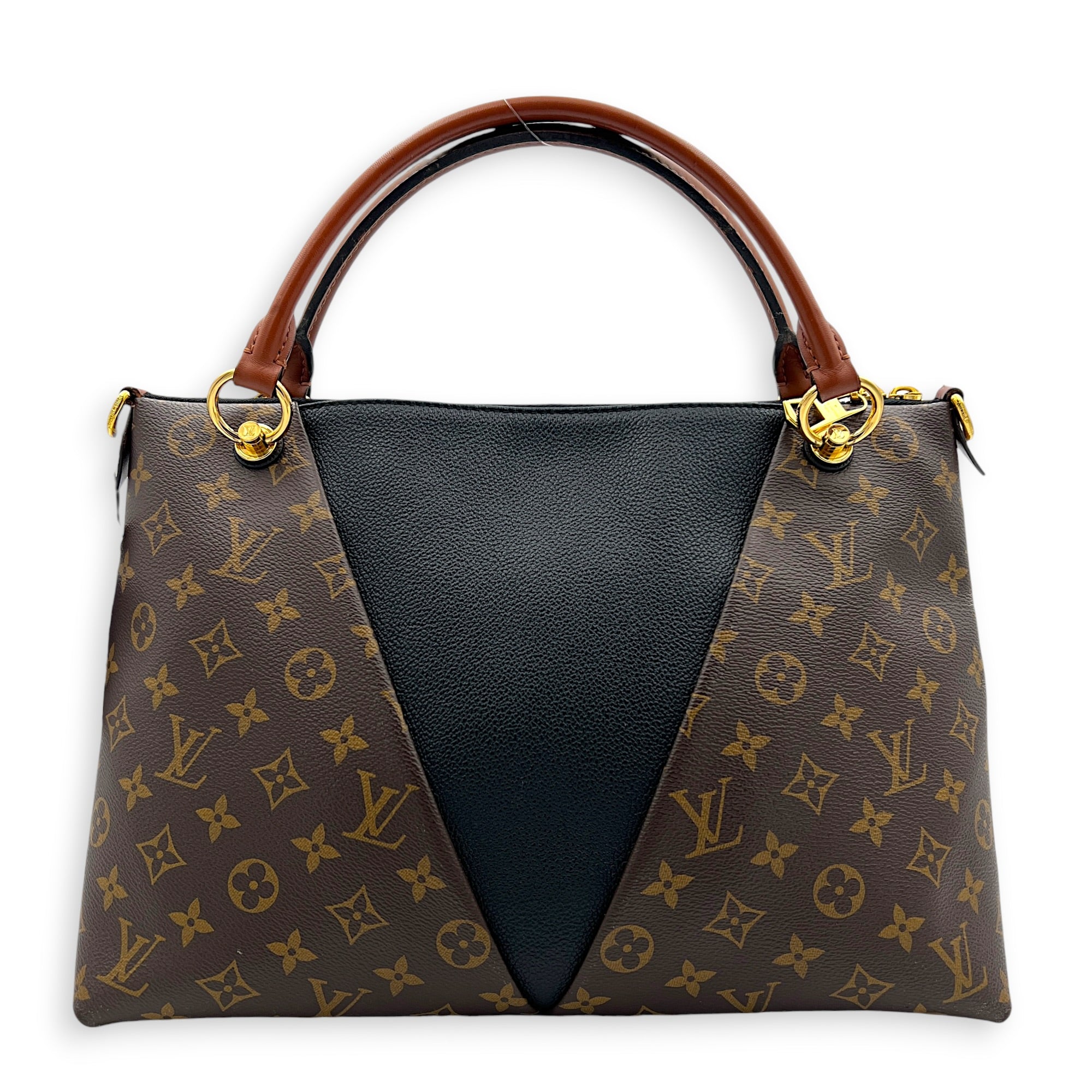 V Tote Top Handle Bag Brown in Monogram Coated Canvas, Gold hardware