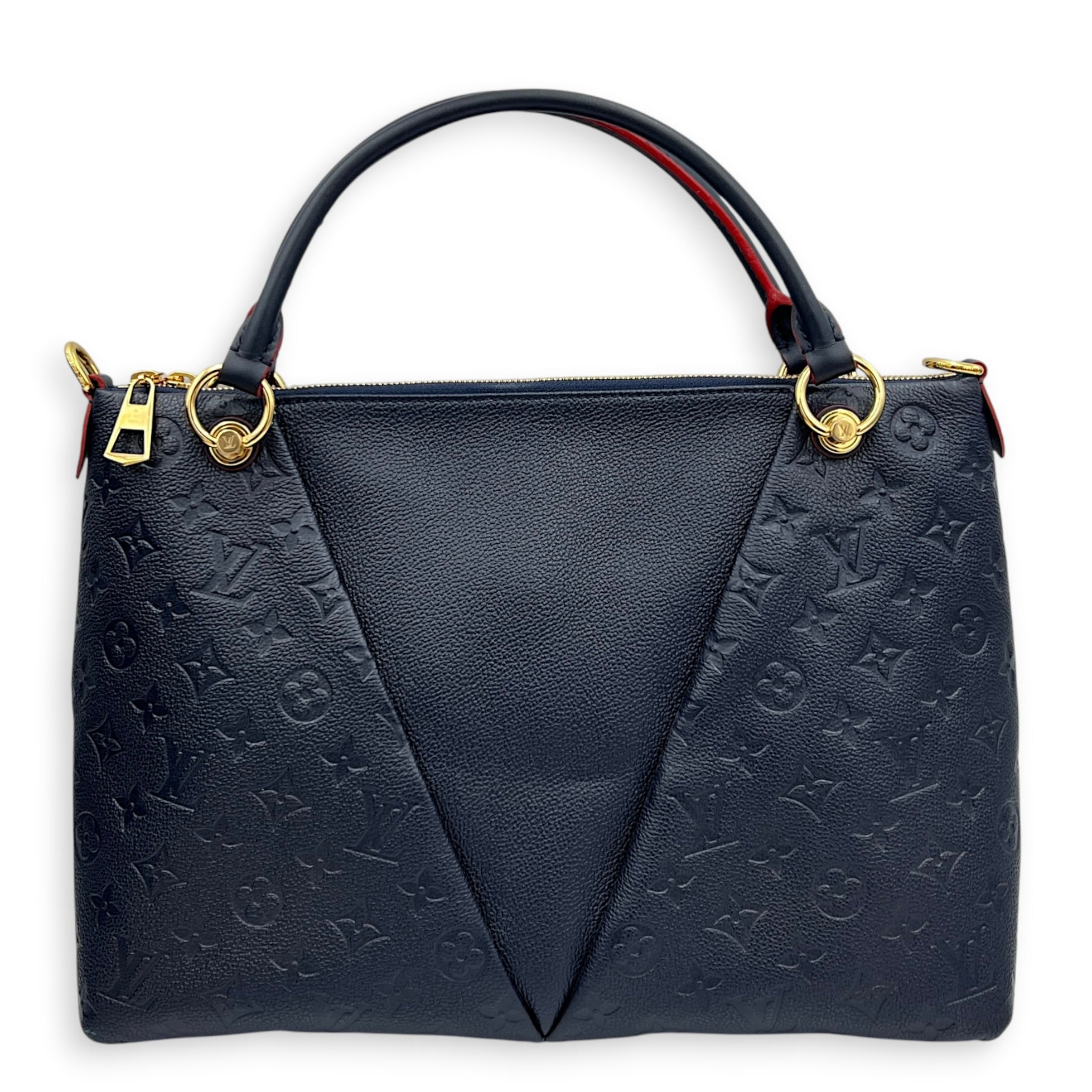 V Tote Top Handle Bag Blue in Empreinte Leather, Gold hardware