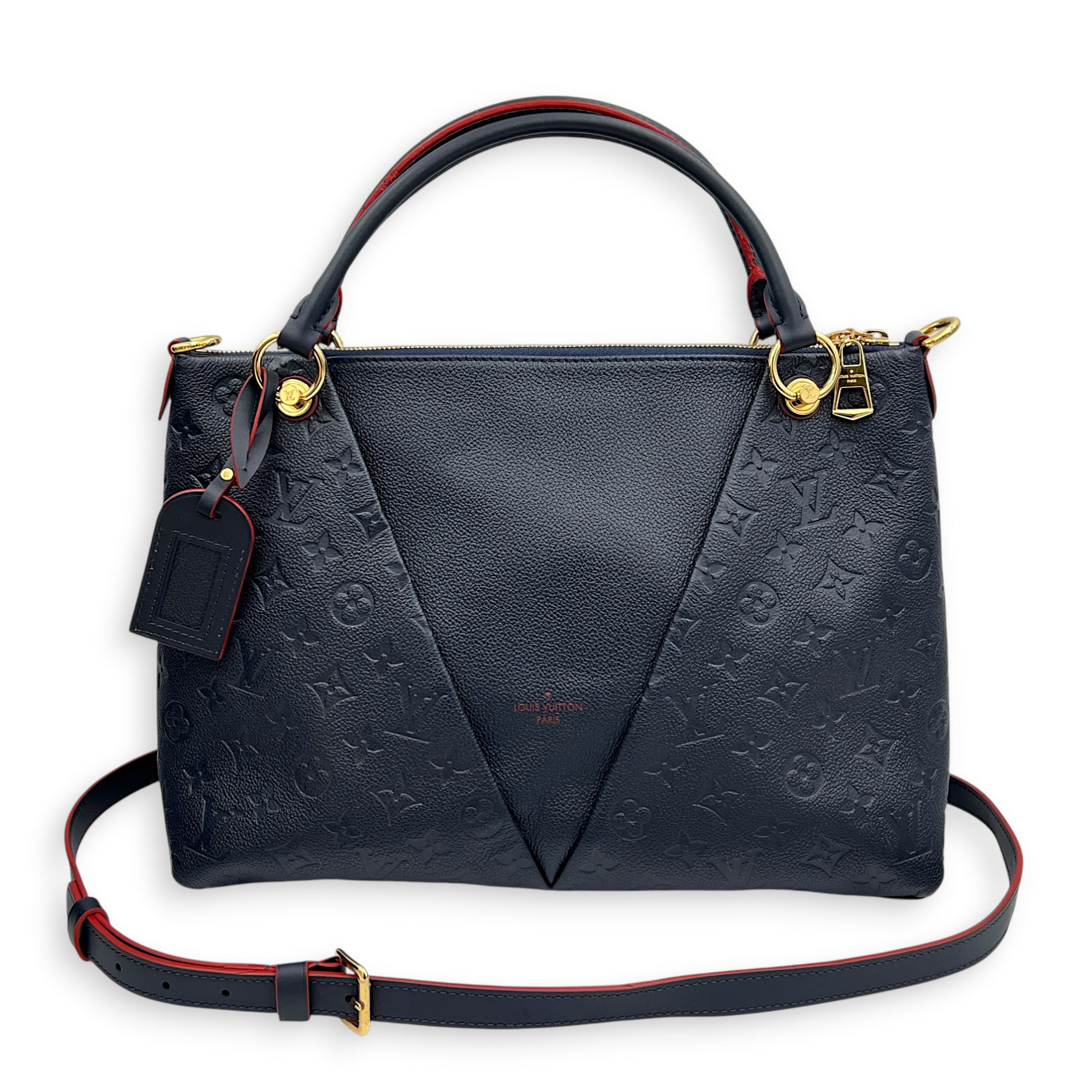 V Tote Top Handle Bag Blue in Empreinte Leather, Gold hardware