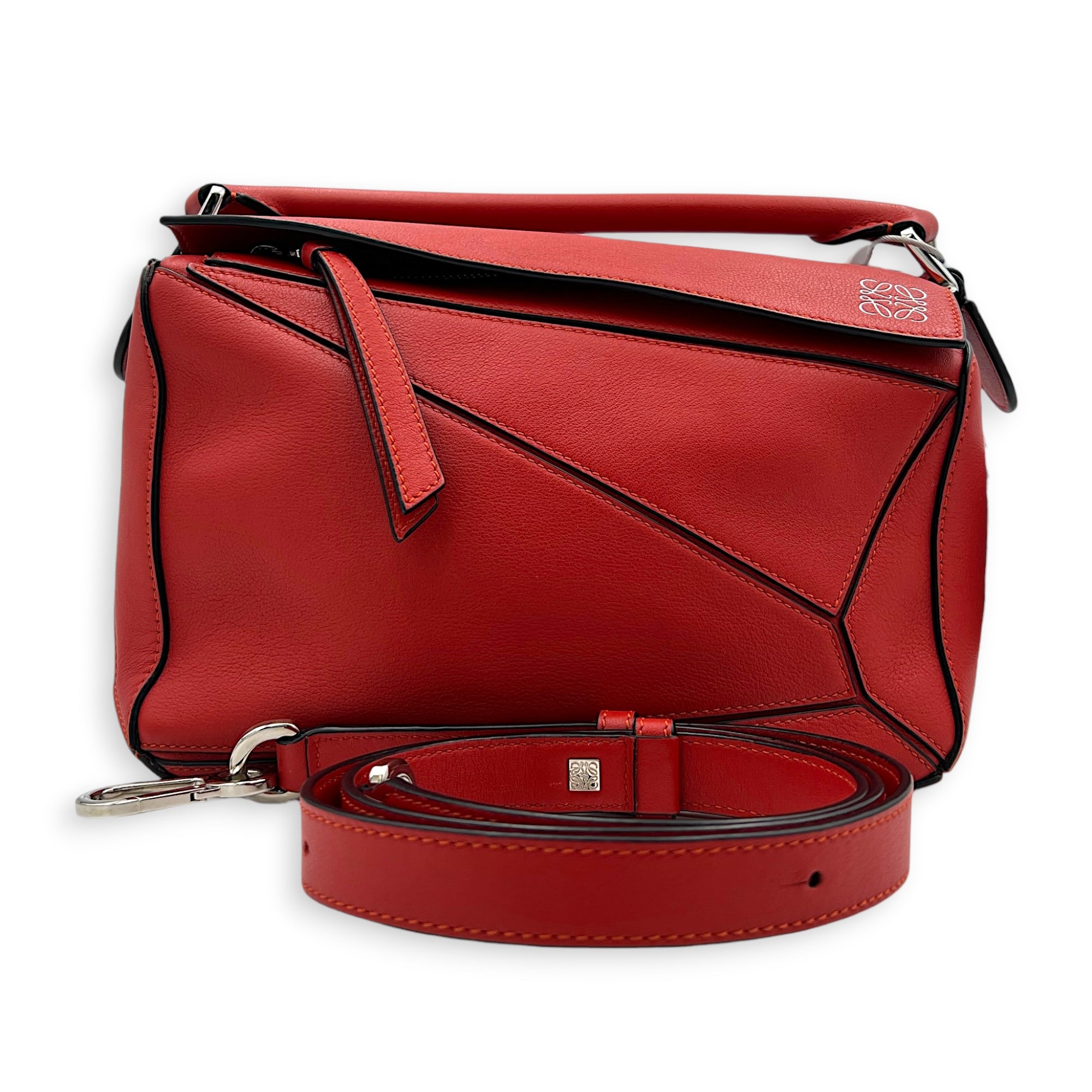 Puzzle Top Handle Bag Red in Calfskin, Silver hardware