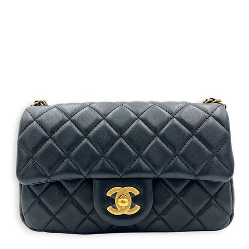 CC Mini Rectangle Pearl Crush Shoulder Bag Black in Lambskin, Gold hardware