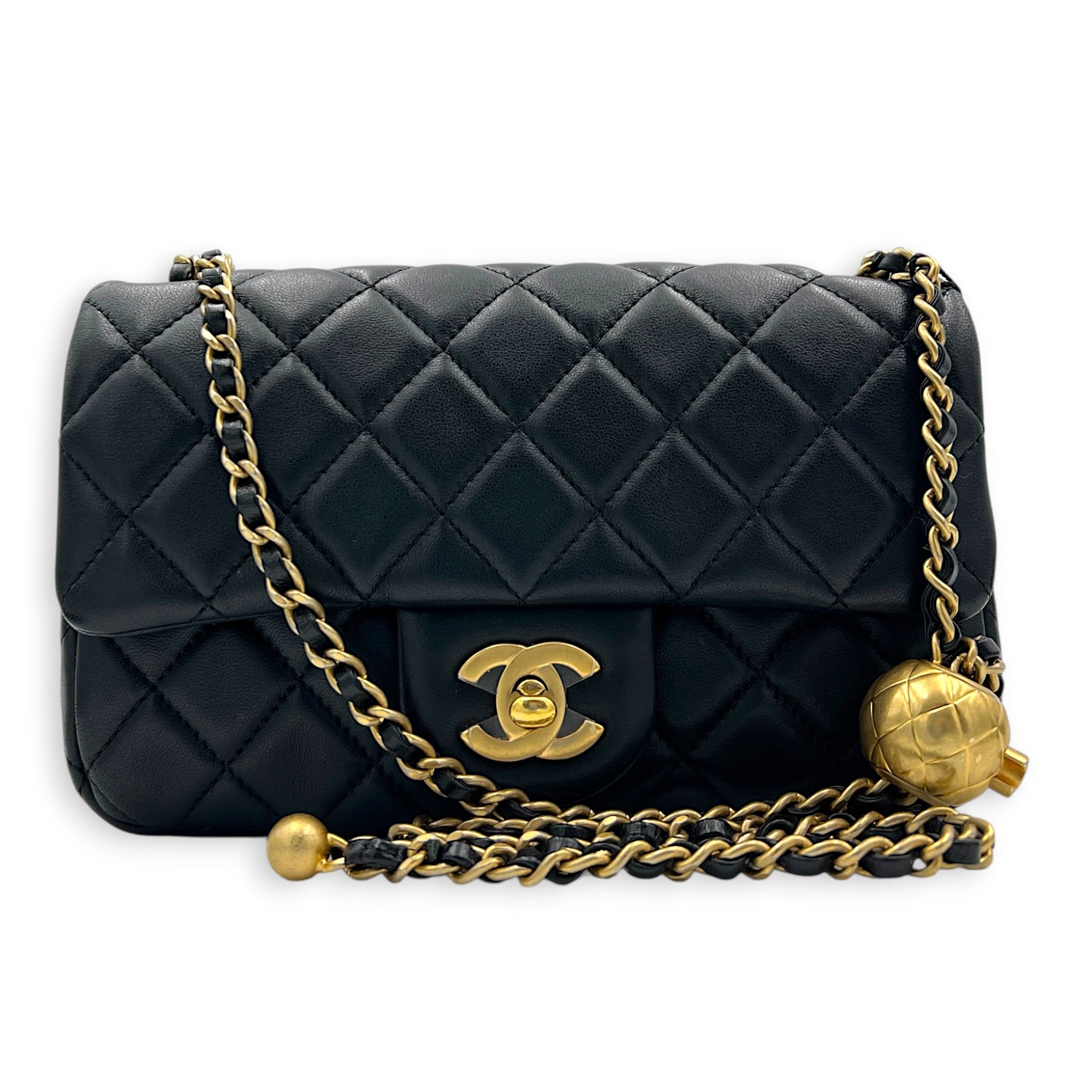 CC Mini Rectangle Pearl Crush Shoulder Bag Black in Lambskin, Gold hardware