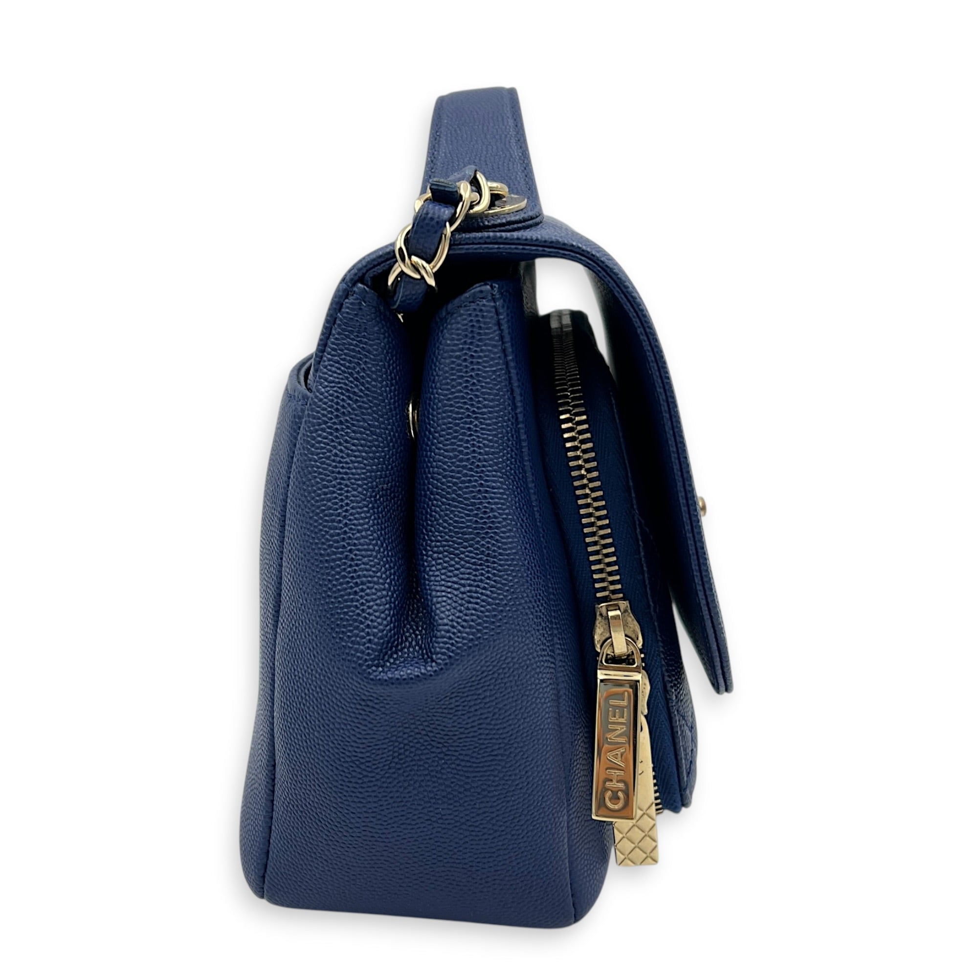 Business Affinity Top Handle Bag Blue in Caviar Leather, Gold hardware