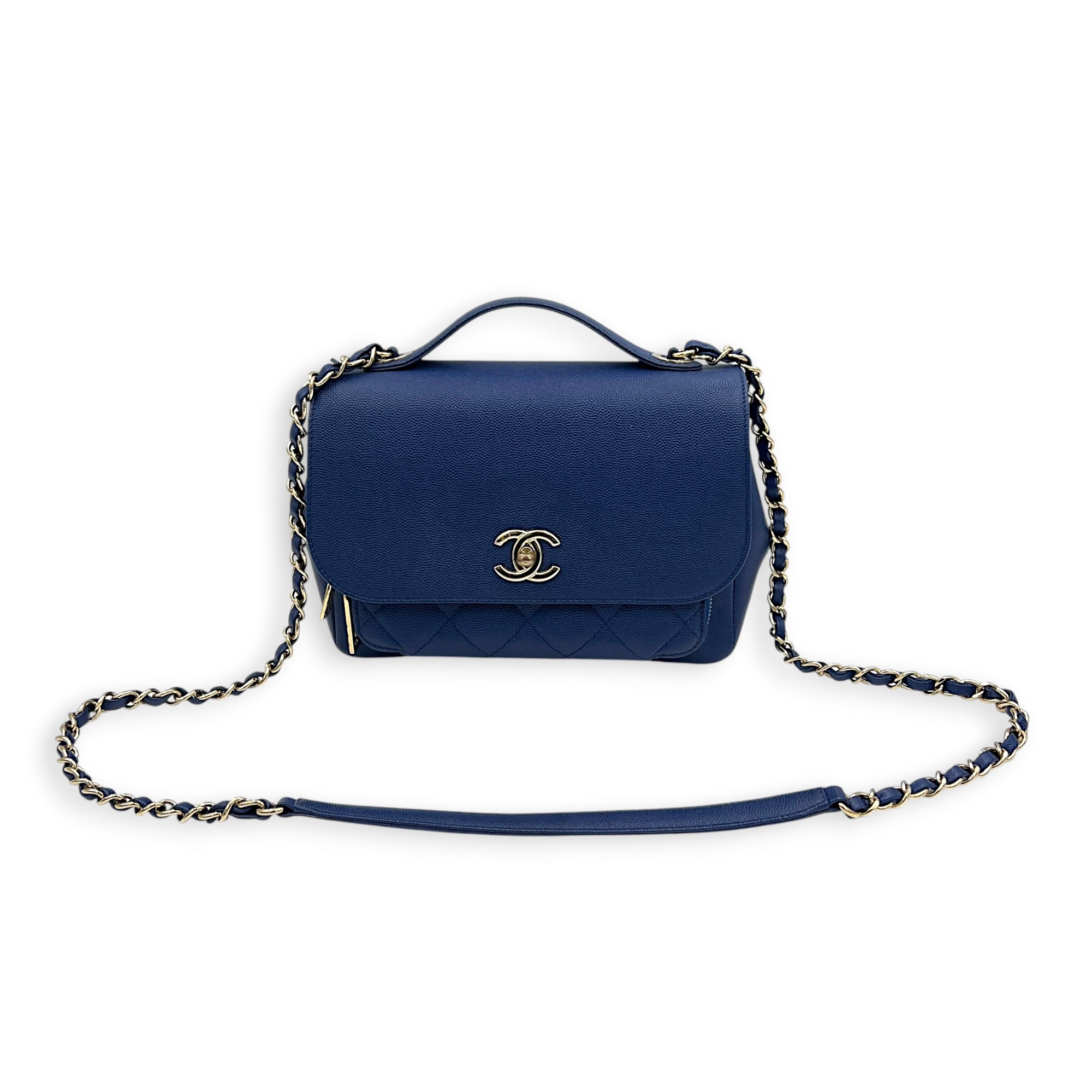 Business Affinity Top Handle Bag Blue in Caviar Leather, Gold hardware