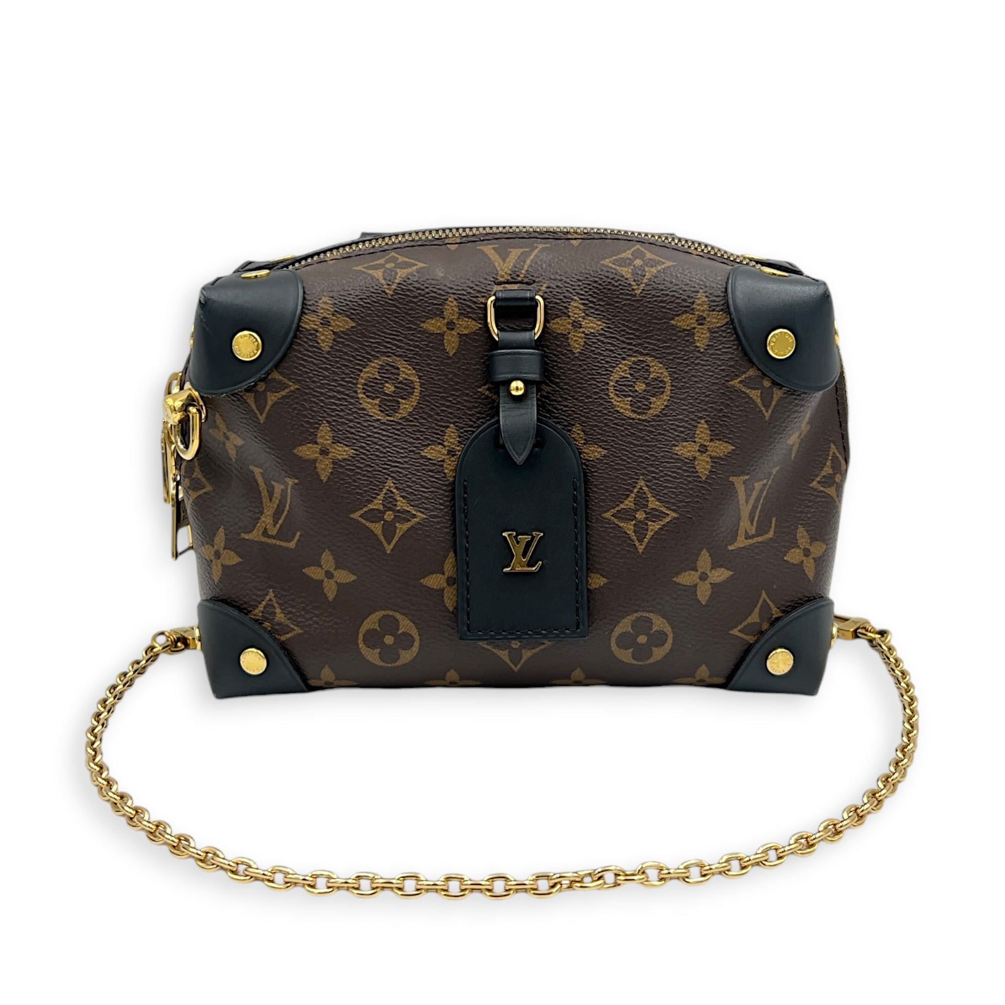 Petite Malle Souple Top Handle Bag Brown in Monogram Coated Canvas, Gold hardware