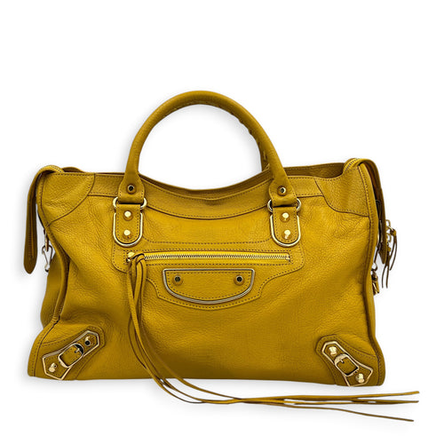 City Top Handle Bag Yellow in Goat Leather, Gold hardware