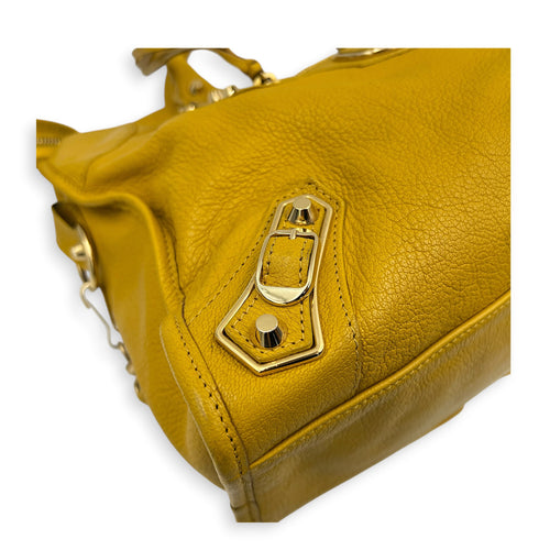City Top Handle Bag Yellow in Goat Leather, Gold hardware