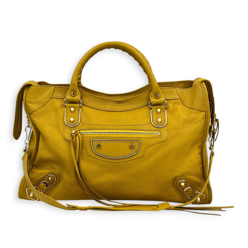 City Top Handle Bag Yellow in Goat Leather, Gold hardware