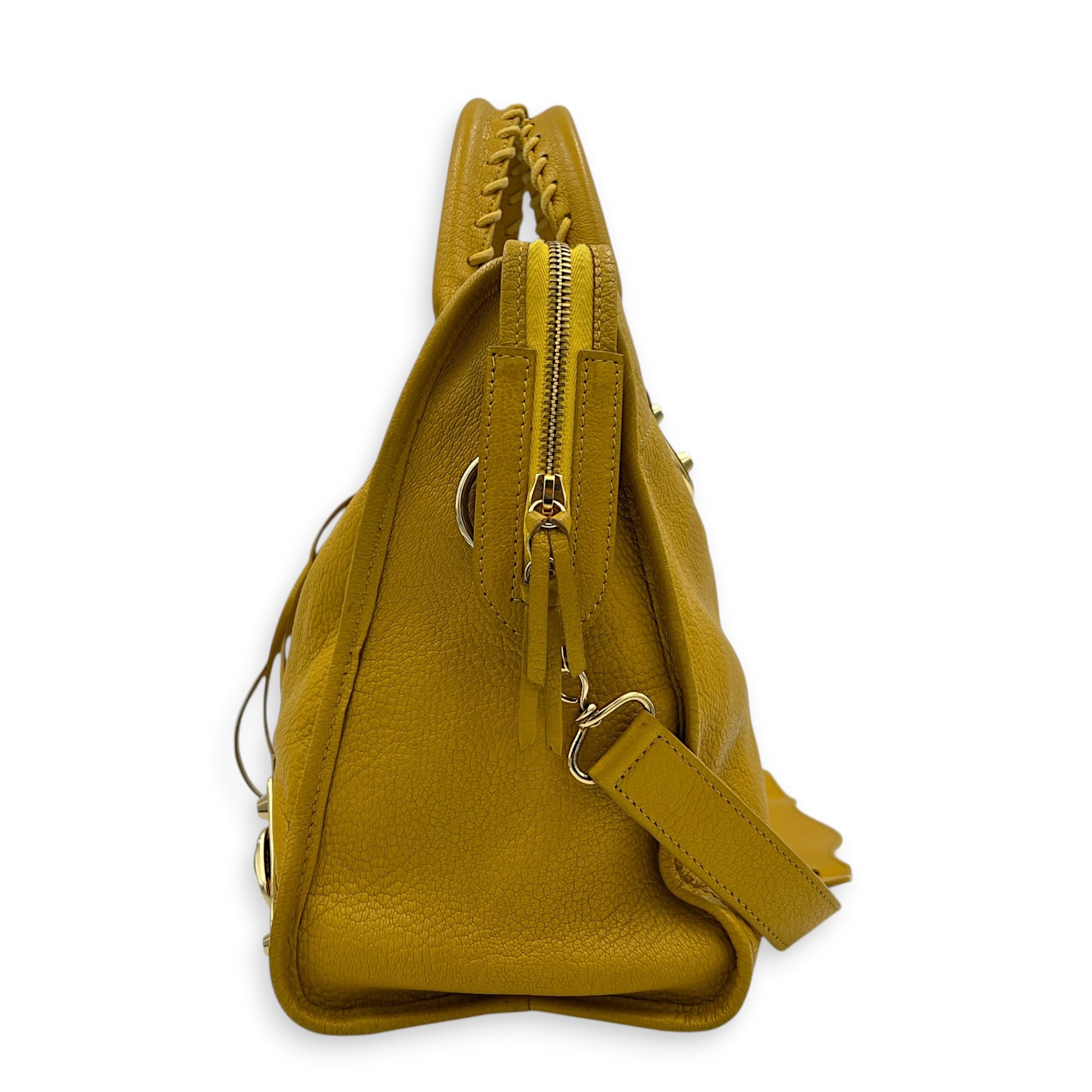City Top Handle Bag Yellow in Goat Leather, Gold hardware