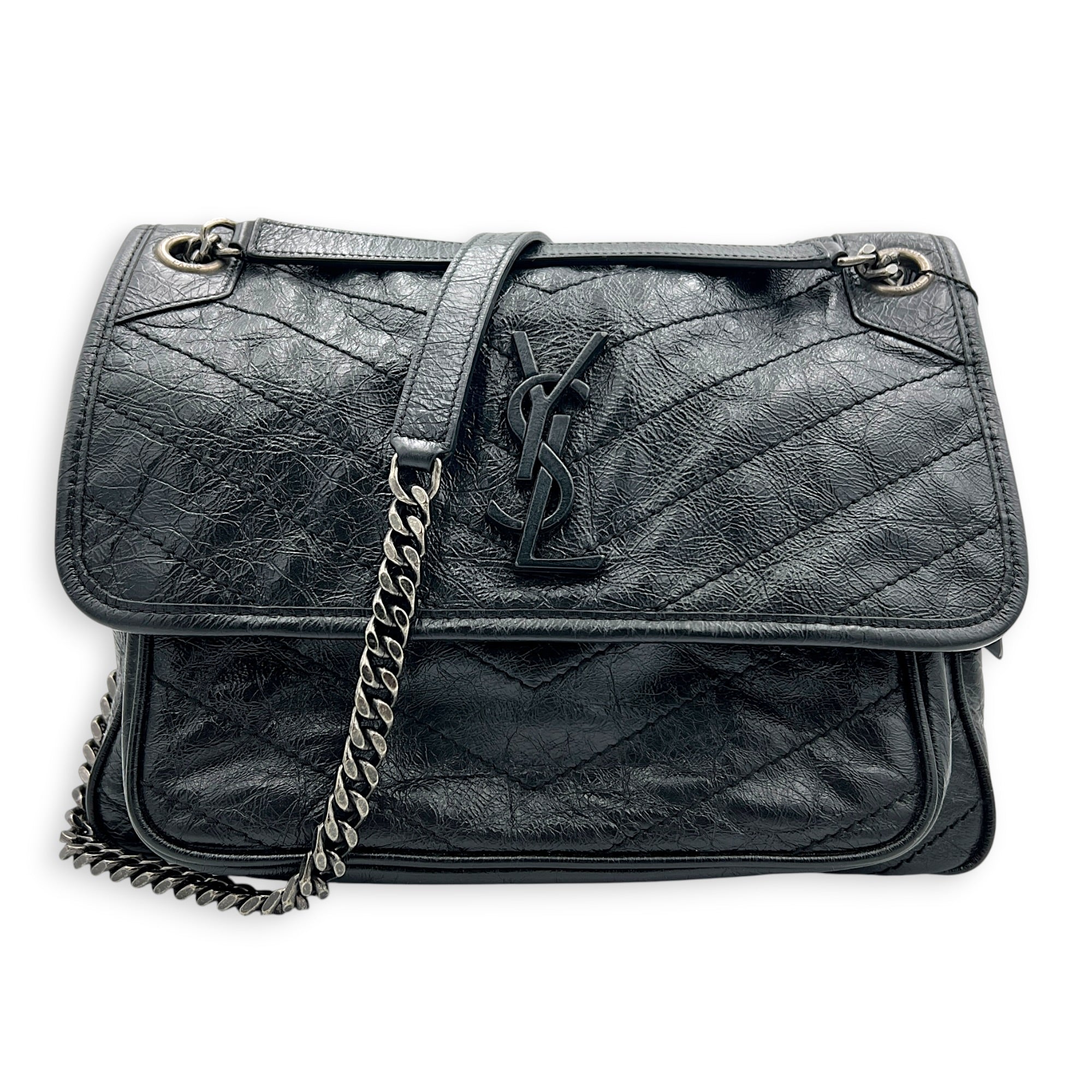 Niki Medium Black Shoulder Bag in Calfskin, Silver hardware