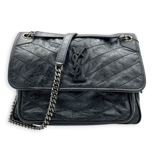 Niki Medium Black Shoulder Bag in Calfskin, Silver hardware
