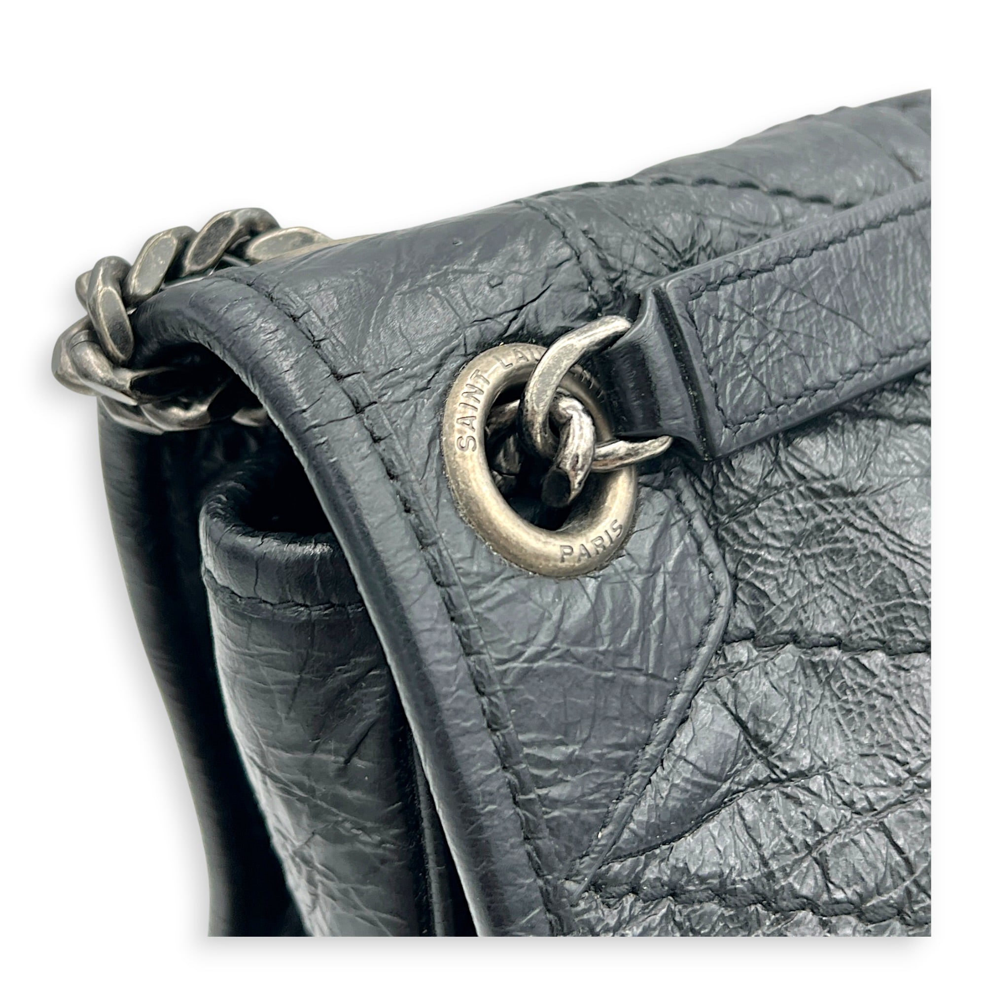 Niki Medium Black Shoulder Bag in Calfskin, Silver hardware