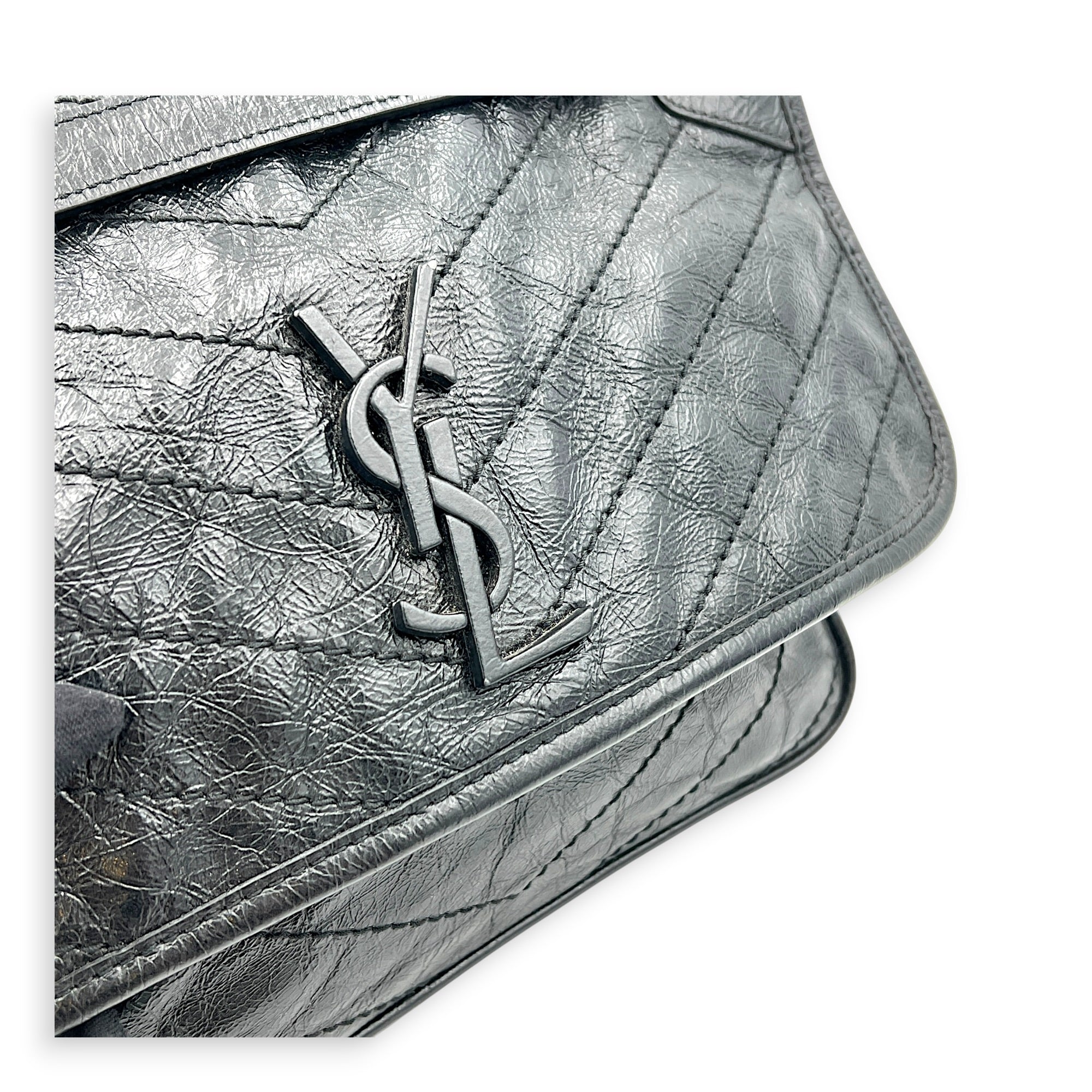Niki Medium Black Shoulder Bag in Calfskin, Silver hardware