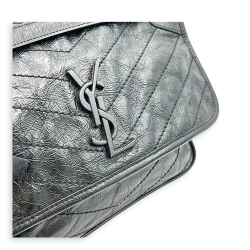 Niki Medium Black Shoulder Bag in Calfskin, Silver hardware