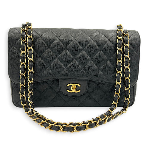 Classic Double Flap Shoulder Bag Jumbo Black in Caviar Leather, Gold hardware