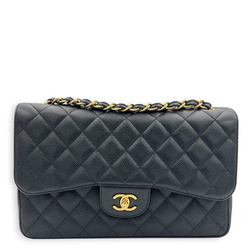 Classic Double Flap Shoulder Bag Jumbo Black in Caviar Leather, Gold hardware