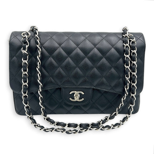 Classic Double Flap Shoulder Bag Jumbo Black in Caviar Leather, Silver hardware