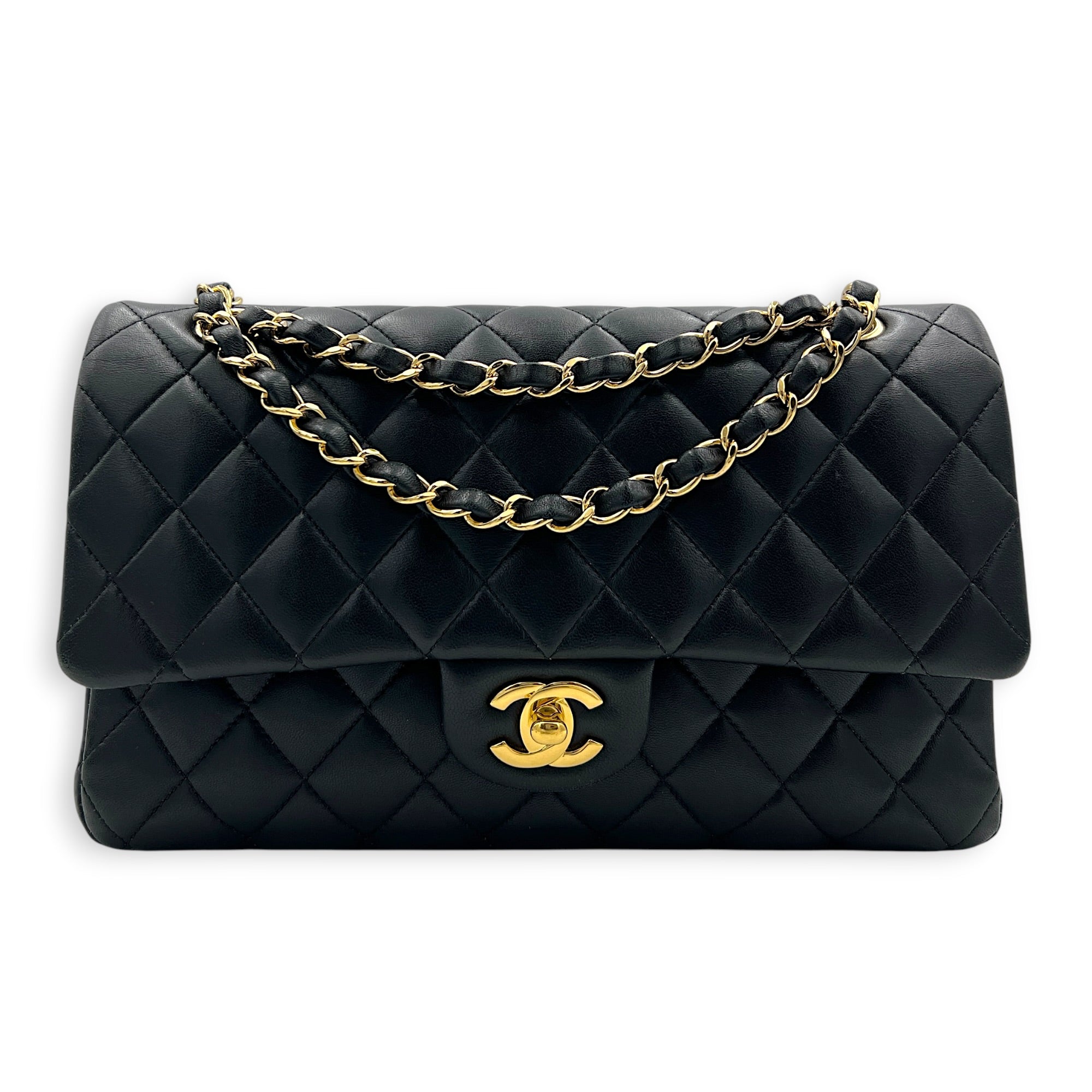 Classic Medium Black Shoulder Bag in Lambskin, Gold hardware
