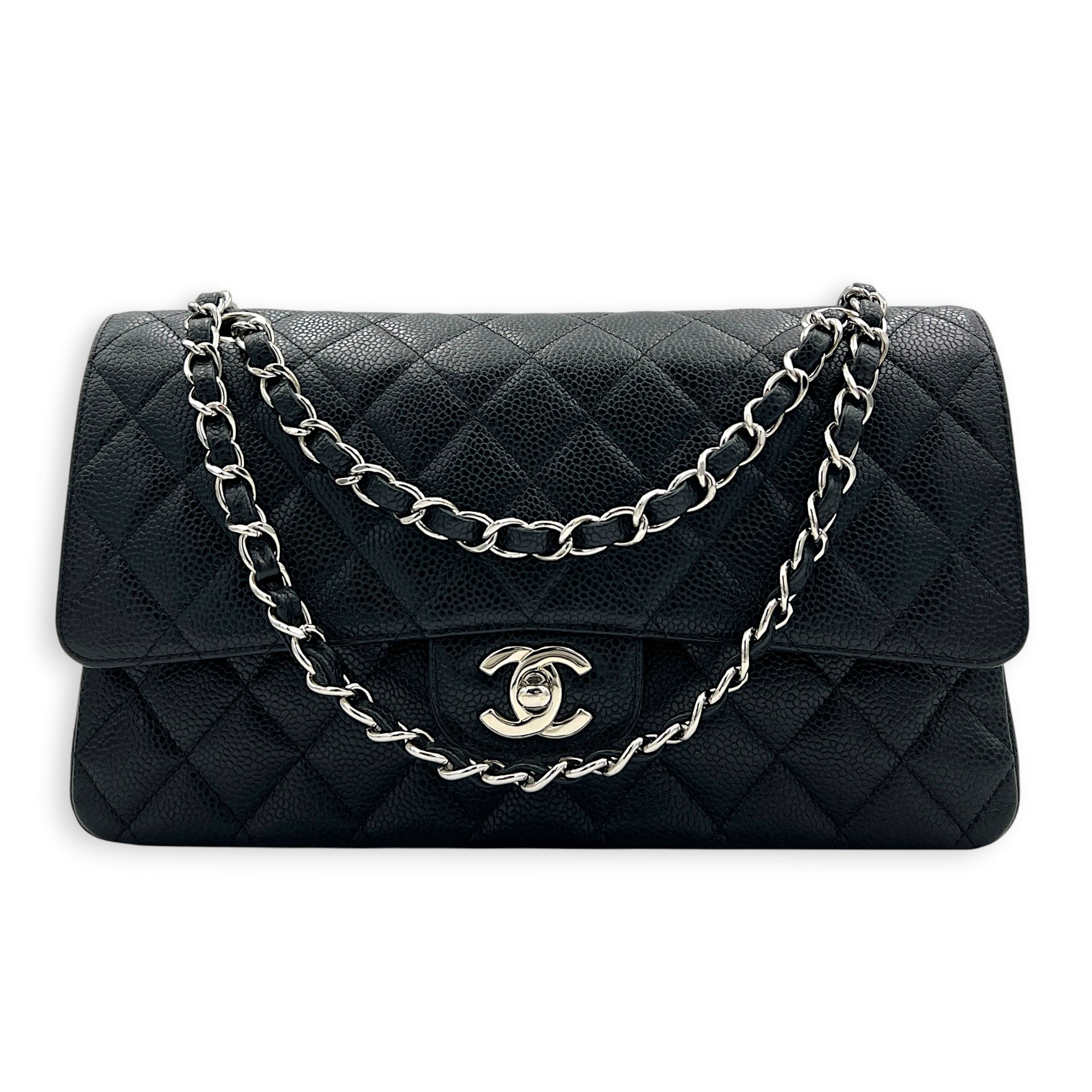 Classic Medium Black Shoulder Bag in Caviar Leather, Silver hardware
