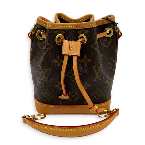 Noe Bucket Bag Nano Brown in Monogram Coated Canvas, Gold hardware