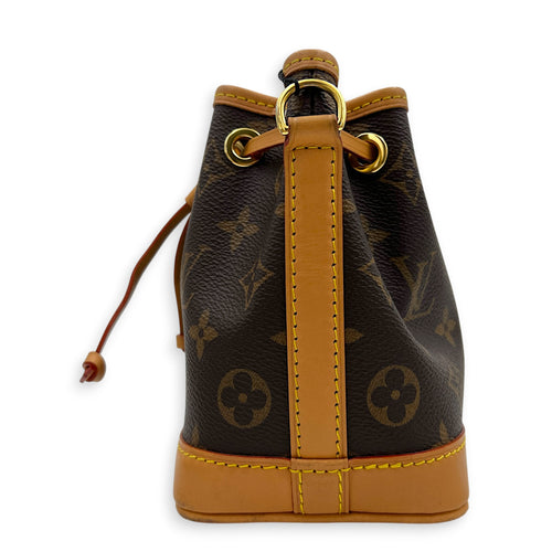 Noe Bucket Bag Nano Brown in Monogram Coated Canvas, Gold hardware