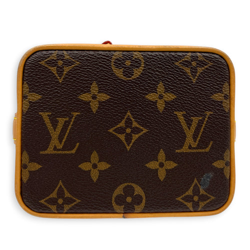 Noe Bucket Bag Nano Brown in Monogram Coated Canvas, Gold hardware