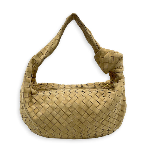 Jodie Shoulder Bag Beige in Suede Leather, Gold hardware