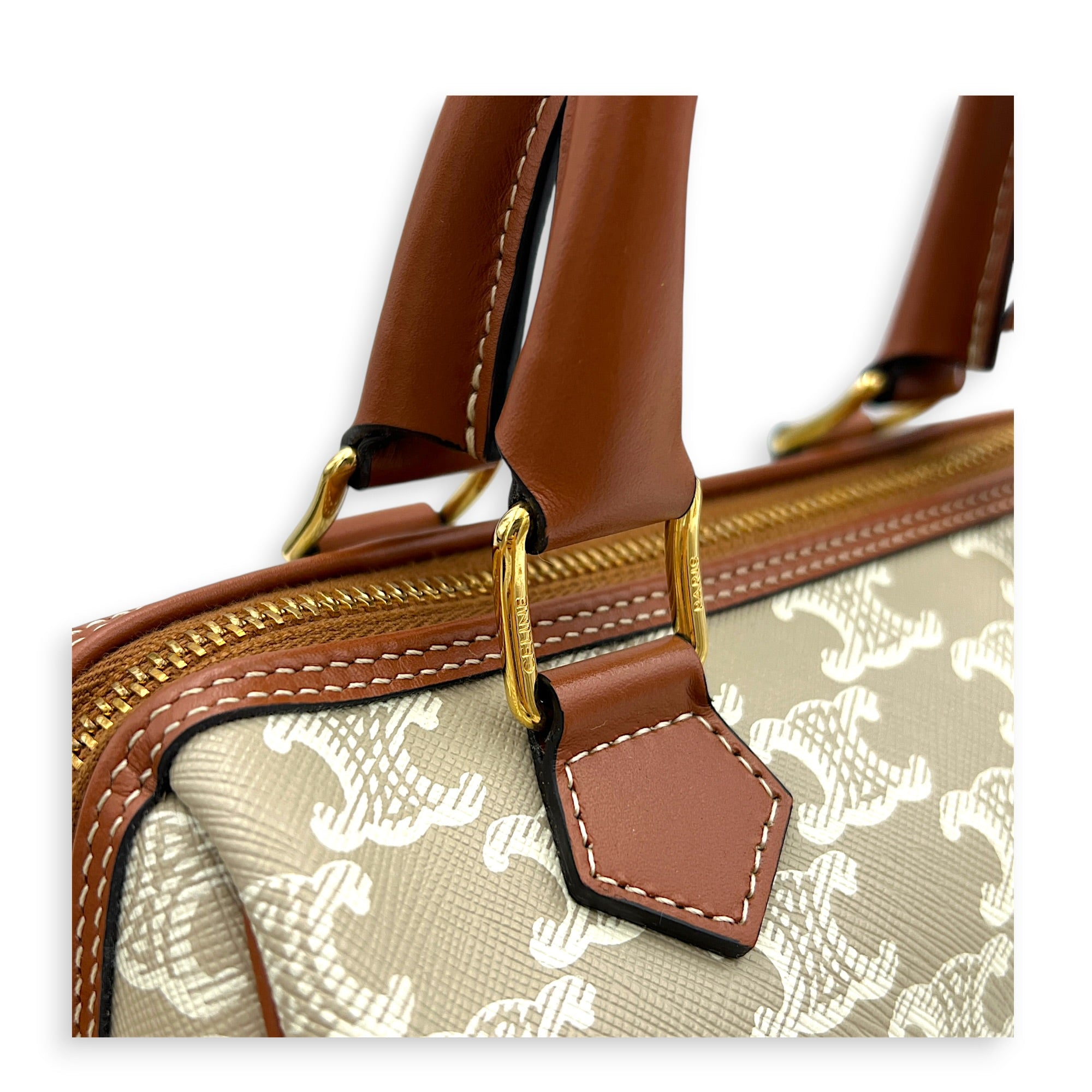 Triomphe Boston Top Handle Bag Beige in Coated Canvas, Gold hardware