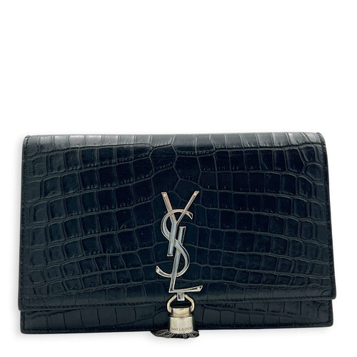 Kate Tassel Black Crossbody Bag in Crocodile Embossed Calfskin, Silver hardware