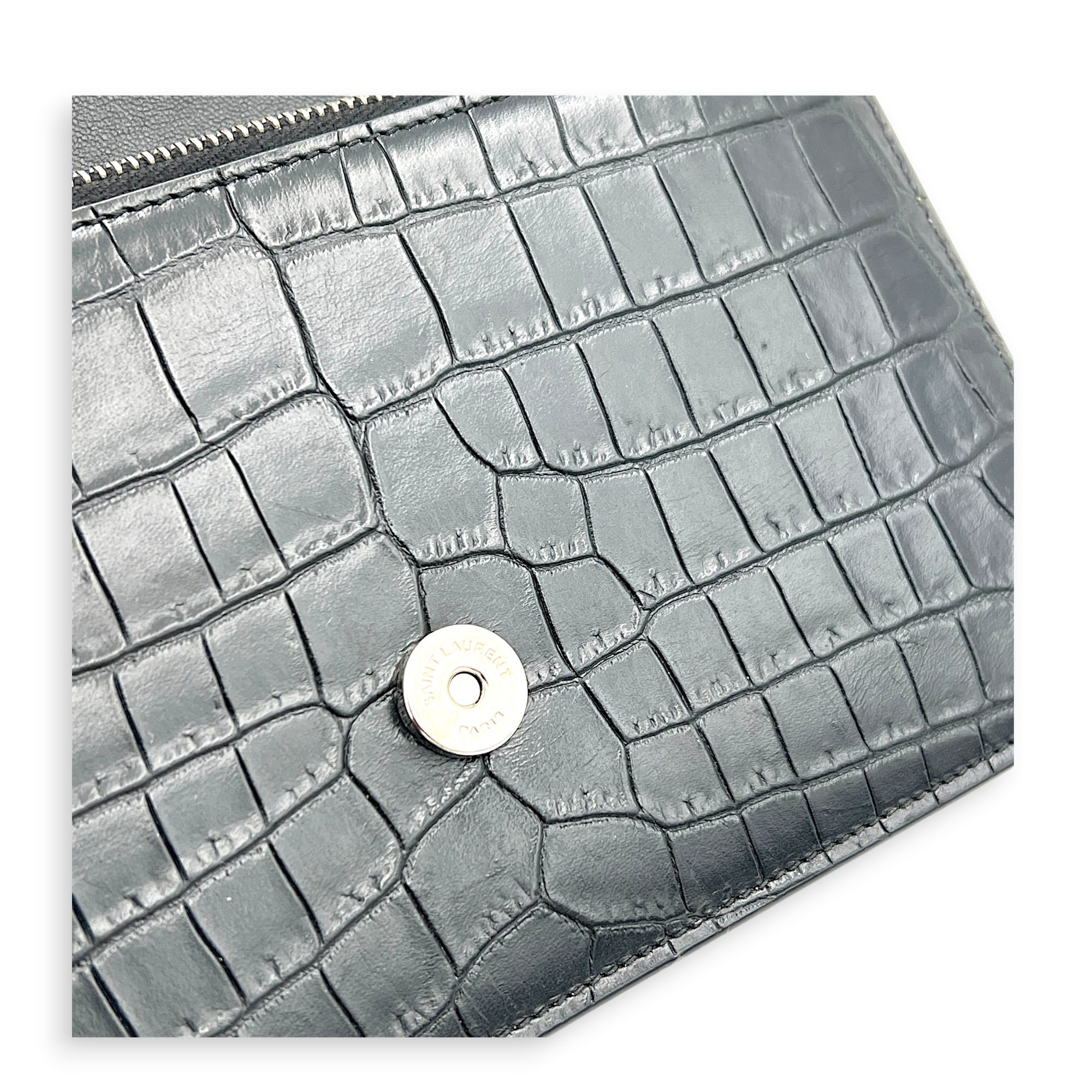 Kate Tassel Black Crossbody Bag in Crocodile Embossed Calfskin, Silver hardware