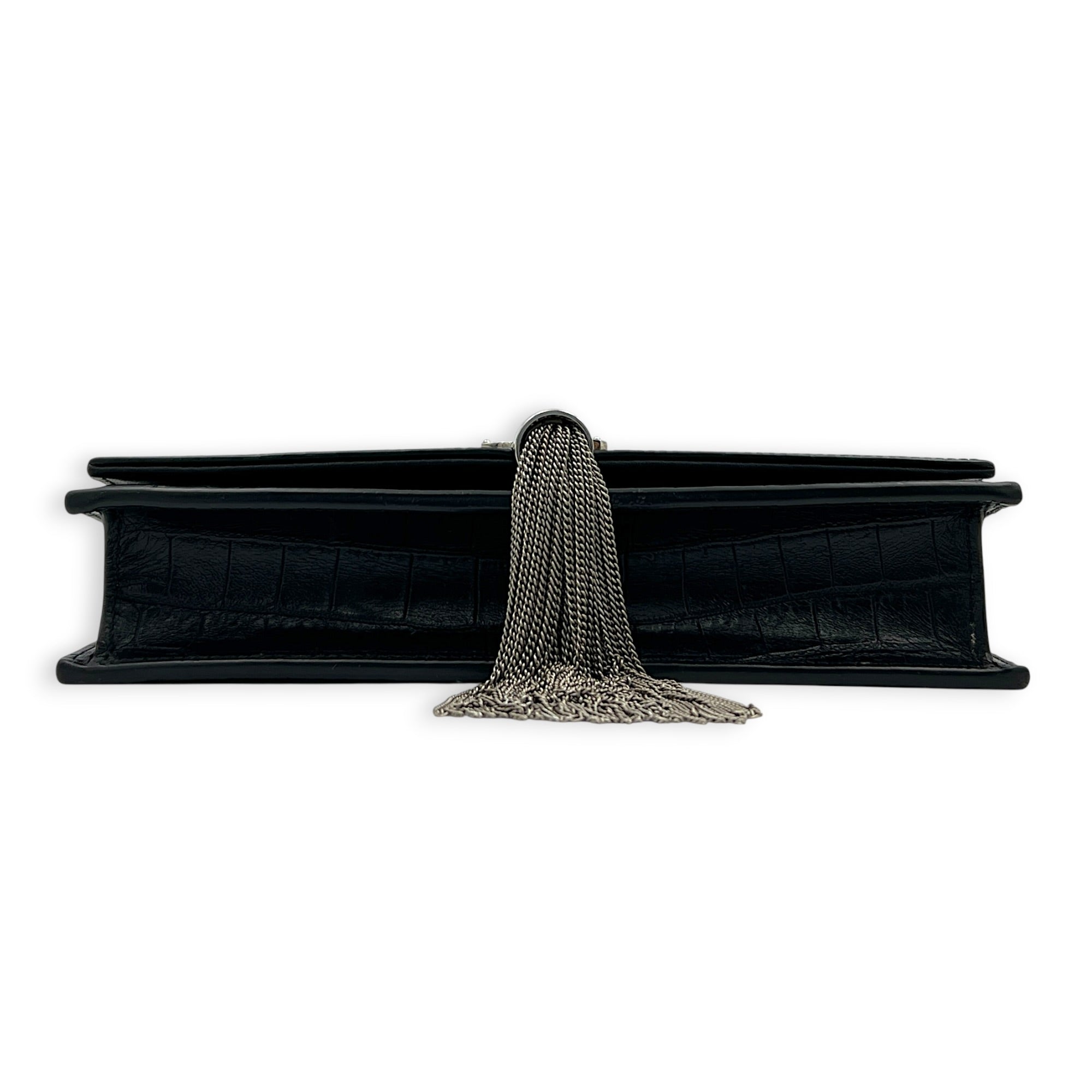 Kate Tassel Black Crossbody Bag in Crocodile Embossed Calfskin, Silver hardware