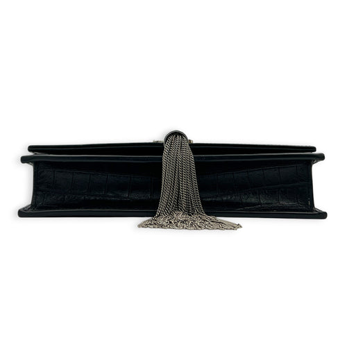Kate Tassel Black Crossbody Bag in Crocodile Embossed Calfskin, Silver hardware