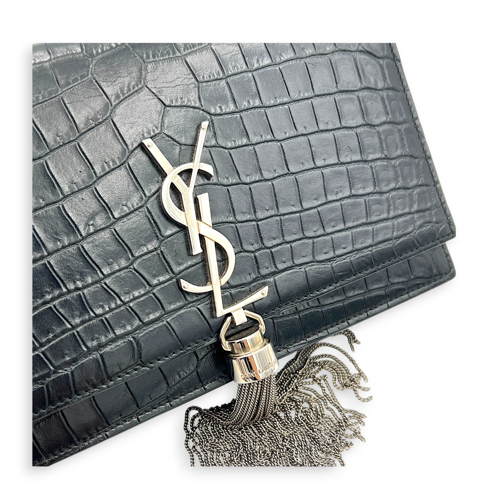 Kate Tassel Black Crossbody Bag in Crocodile Embossed Calfskin, Silver hardware