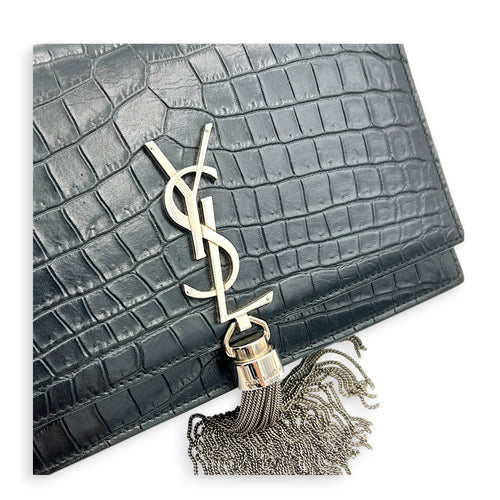 Kate Tassel Black Crossbody Bag in Crocodile Embossed Calfskin, Silver hardware
