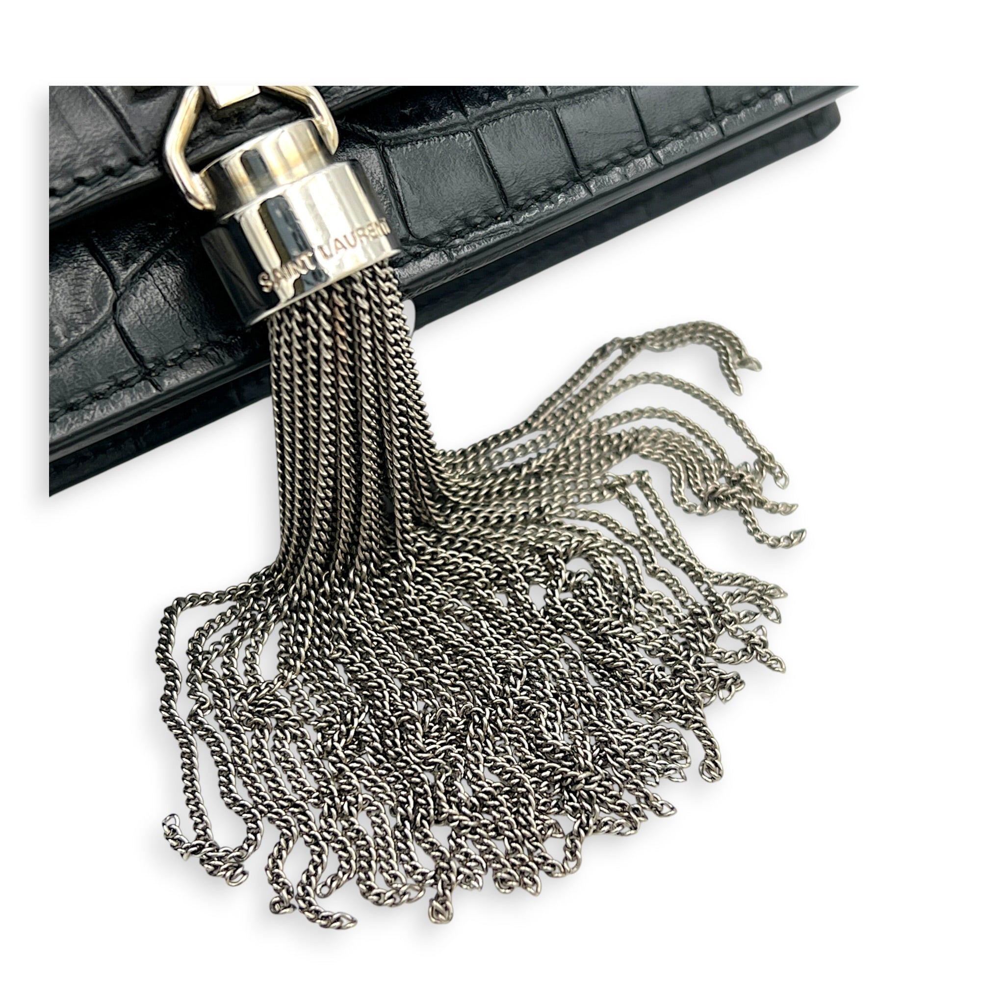 Kate Tassel Black Crossbody Bag in Crocodile Embossed Calfskin, Silver hardware