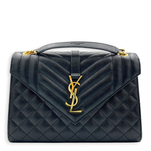 Envelope Shoulder Bag Black in Calfskin, Gold hardware