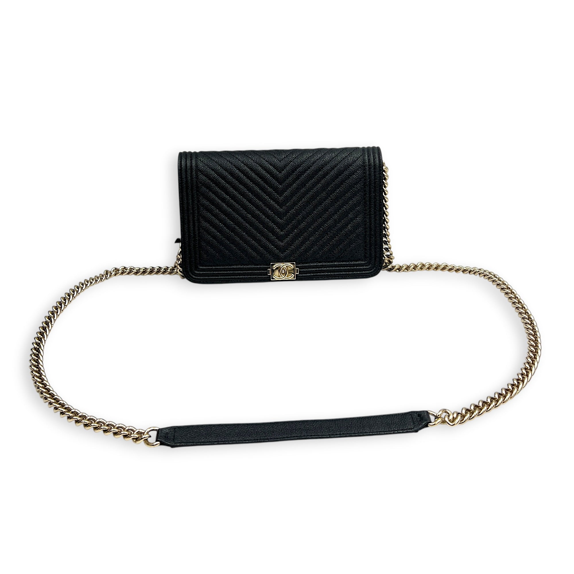 Boy Wallet On Chain Black in Caviar Leather, Gold hardware
